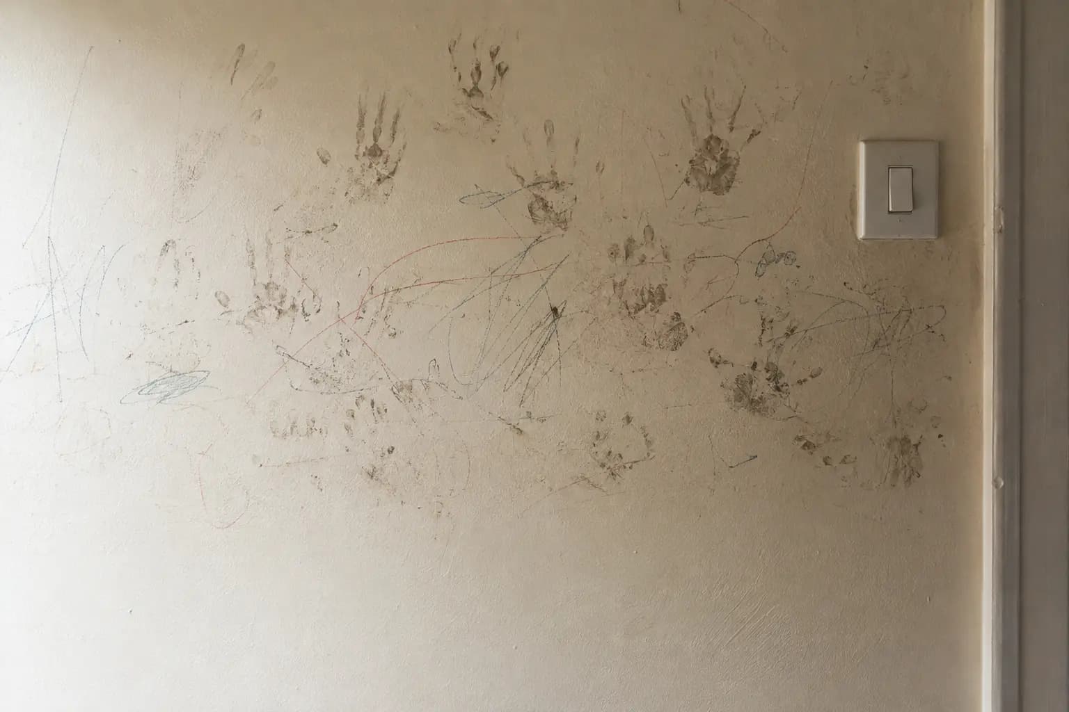 Pared clara con manos marcadas y rayones de creyón de niños