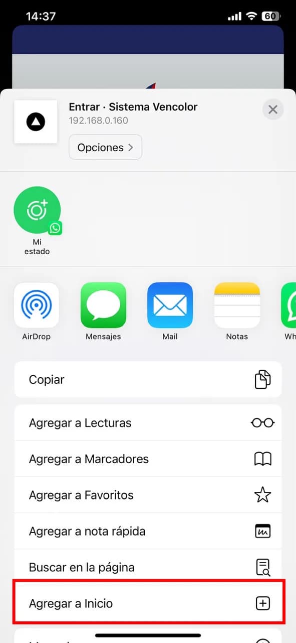 El menú Compartir abierto, con la opción "Agregar a Inicio" marcada en rojo.