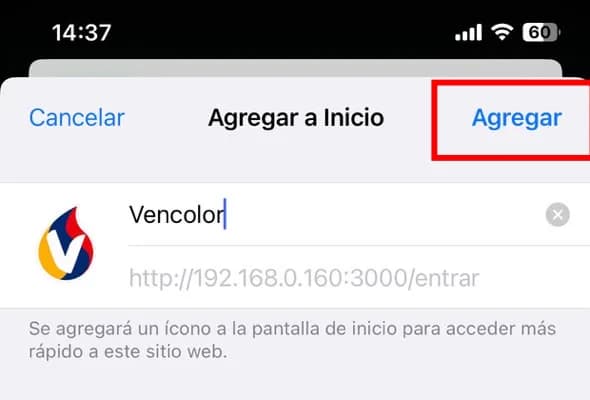 La pantalla "Agregar a Inicio" con el nombre Vencolor y el botón Agregar marcado en rojo.